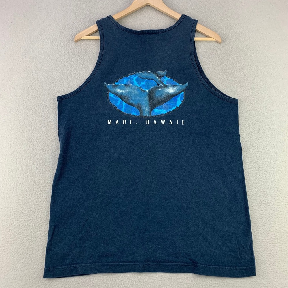 Vintage Maui Hawaii Tank Top Mens Large Navy Blue Whale Tail Graphic Cotton